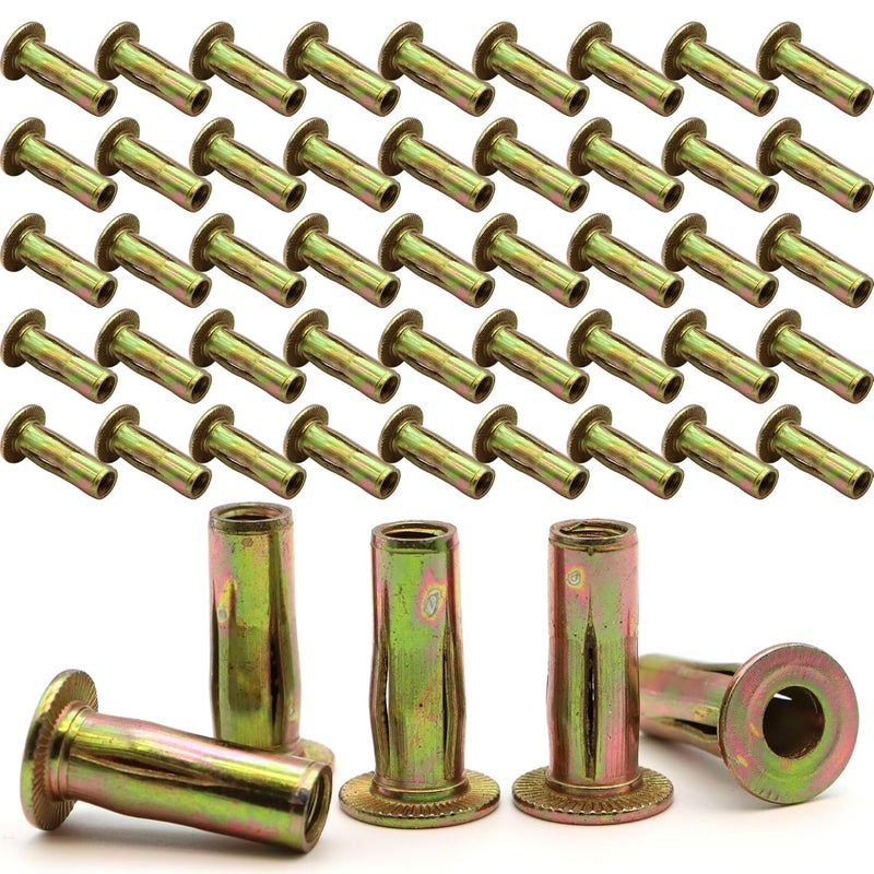 Terixe 50 Pack 1/4-20 Multi-Grip Rivet Nuts - Zinc-Plated Steel Construction Fasteners - Pre-Bulbed Shank - Flat Head Threaded Insert Plus Nut - Ideal for Household Items, Automobiles - Image 1